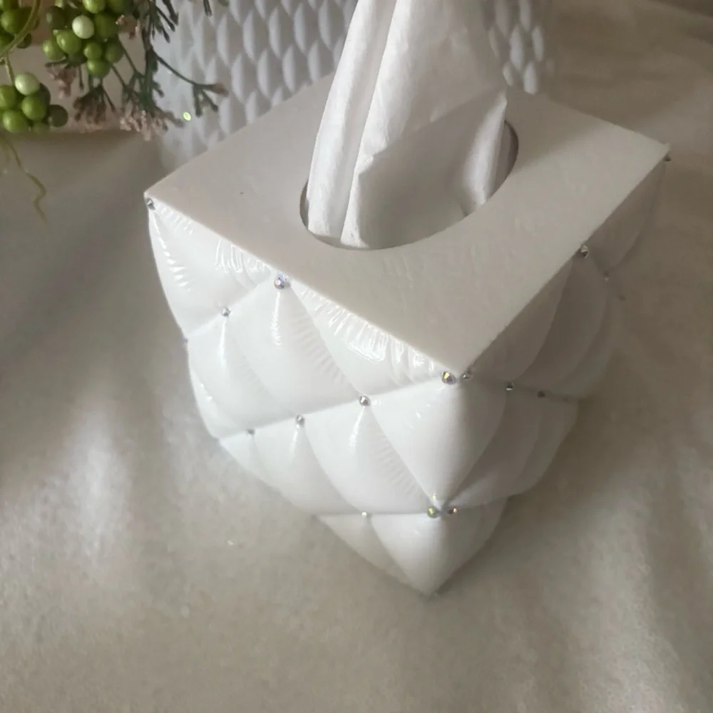 White Quilted Rhinestone Tissue Box Cover. Elegant Home Bath Accessory- 3D print